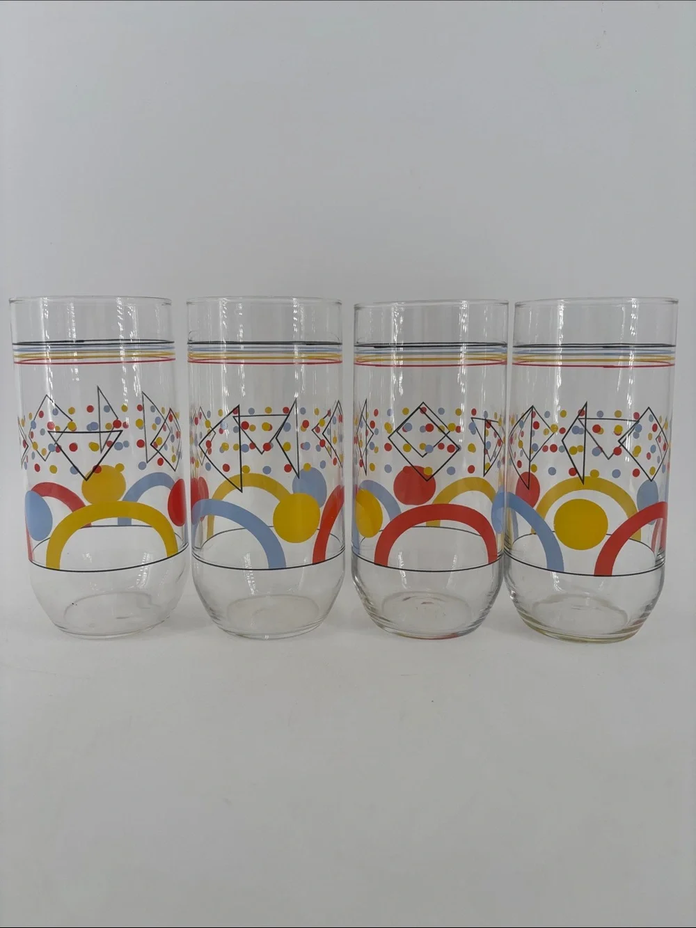 Vintage retro 80s Memphis geometric primary colors drinking glasses set of four